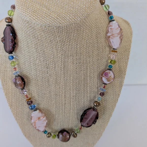 Necklace Venetian Murano Pink Purple Beaded - Picture 8 of 8